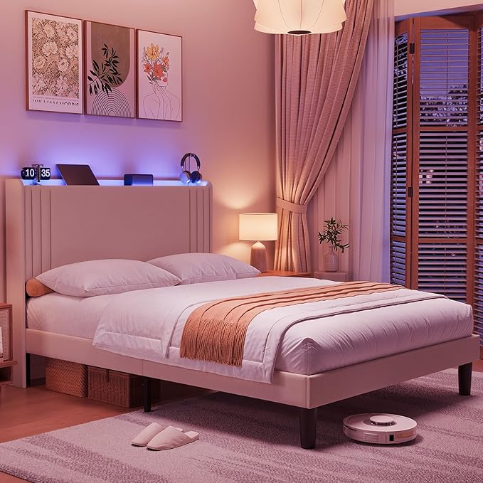 Gizoon Queen Bed Frame with Charging Station and LED Lights,Upholstered Wingback Platform Bed with Wooden Slats,Noise-Free,No Box Spring Needed