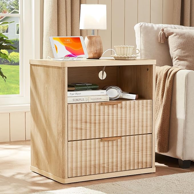 LEYAOYAO Fluted Nightstand with Charging Station, 23" Wide 2 Drawers End Table, Natural Night Stand with Open Storage Cabinet, Farmhouse Bed Side Tables, Wood Dresser for Bedroom, Living Room, Closet