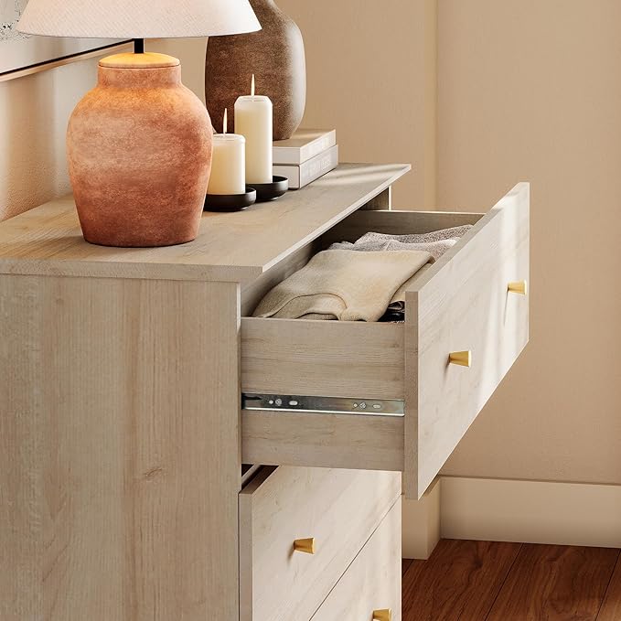 WAMPAT 3-Drawer Kids Dresser for Bedroom, Modern Small Chest of Drawers with Gold Knobs, 35 Inch Wide Light Oak Wood Children Dresser for Baby Room, Nursery, Living Room