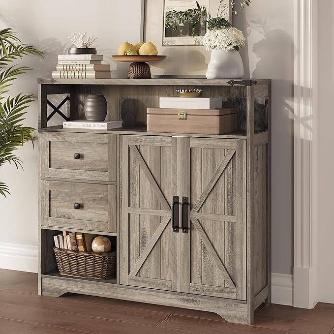 Fameill Farmhouse Storage Cabinet with Drawers and Open Storage,Freestanding Kitchen Pantry with 2 Barn Doors, Floor Cabinet with Adjustable Shelf for Living Room,Grey