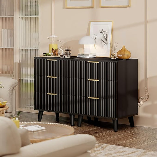 Lulive Wood Nightstand Set of 2 Fluted Dresser for Bedroom 3 Drawers Night Stand with Charging Station, Storage Modern Side Table Black