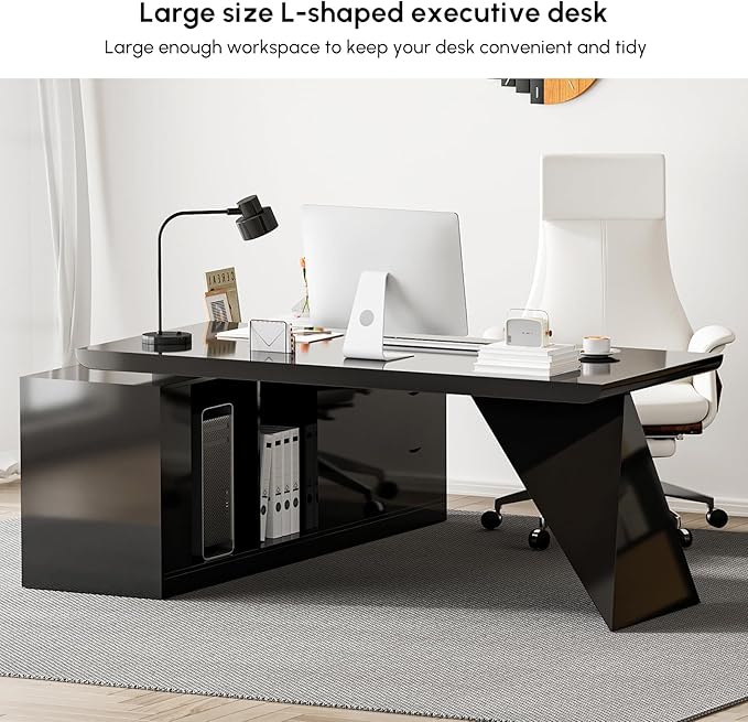 homary 70.9" Modern L-Shape Executive Desk Set, Home Office Desk with Home Office Executive Chair, Drawers & Cabinet Modern Computer Desk for Home Business Furniture, Black, Left Hand