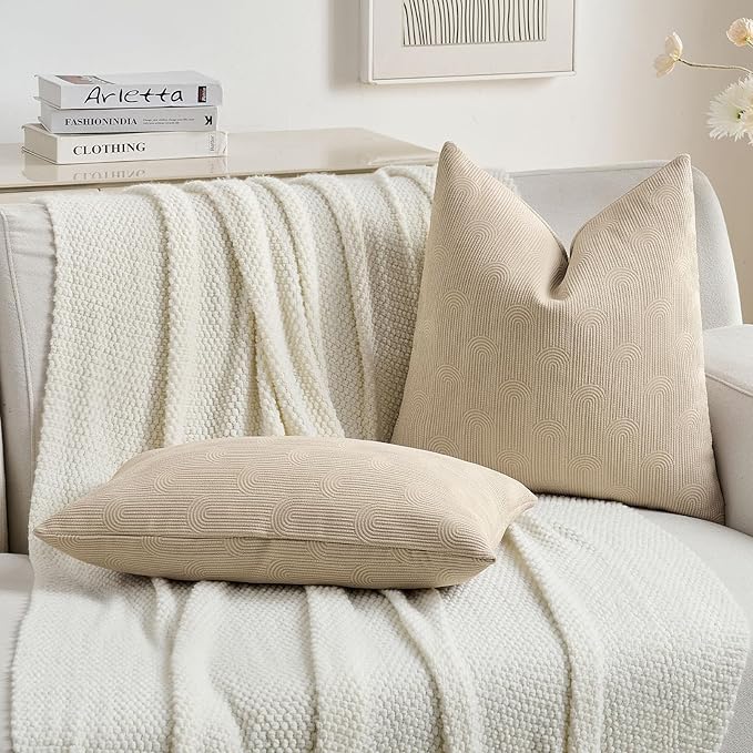 FUTEI Oatmeal Chenille Decorative Throw Pillow Covers 12x20 Inch Set of 2,Soft Cozy Striped Geometric Patterns Lumbar Pillow Cases,Modern Home Decor for Couch Bed Living Room