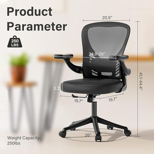 Computer Desk Chair with Wheels, Mesh Office Chair with Flip Up Arms, Adjustable Lumbar Support, Swivel Desk Chair Comfy, Black