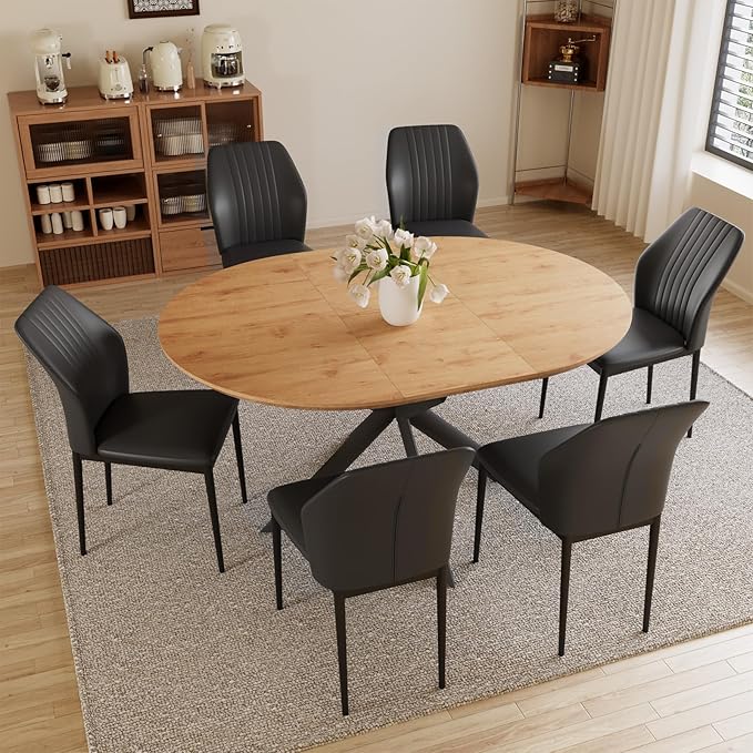 43.2"-59.1" Extendable Dining Table Set with Metal Legs, Wooden Round Kitchen Table for 4-6 Person, Oak Coffee Table w/Easy-Clean Tabletop