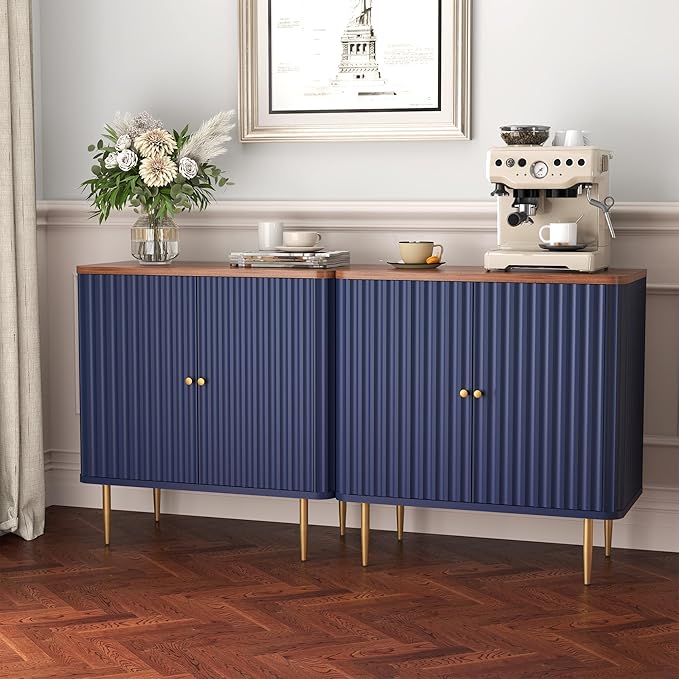 HLR Sideboard Buffet Cabinet with Fluted Texture, Blue Accent Cabinet with 2 Doors, Modern Credenza Storage for Kitchen Living Room, Entryway (Blue, 1 Piece)