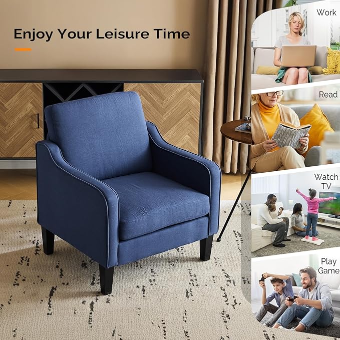 VINGLI Navy Blue Accent Chairs for Living Room, Line Comfy Upholstered Chair Mid Century Modern Armchair for Bedroom, Home Office, Small Spaces, Apartment