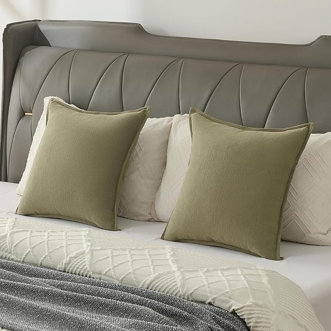 FUTEI Olive Green Chenille Throw Pillow Covers 24x24 Inch Set of 2,Edges Double-Stitched European Cushion Cases,Modern Home Decor for Couch Living Room