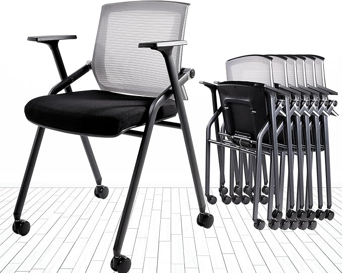 Conference Room Chairs, Folding Office Desk Chair with Lumbar Support and Sliding Armrest, Stackable Office Guest Chairs & Reception Chairs 20 Pack with Wheels