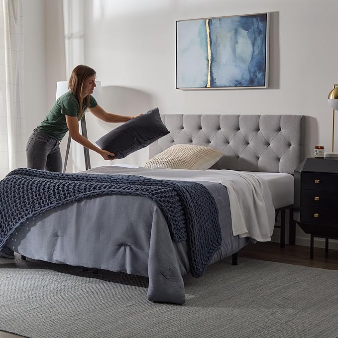 Lucid Mid-Rise Upholstered Headboard - Diamond Tufted - Padded Polyester - Adjustable Height from 34” to 46” - Easy Assembly - Bed Frame or Wall Mount - Sturdy - Stone - Queen Size