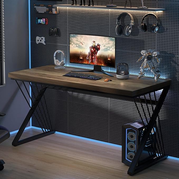 FOLUBAN Computer Desk, Modern Home Office Desk, Wood and Metal Study Writing Gaming Table for Bedroom Living Room, Rustic Oak, 53 Inch