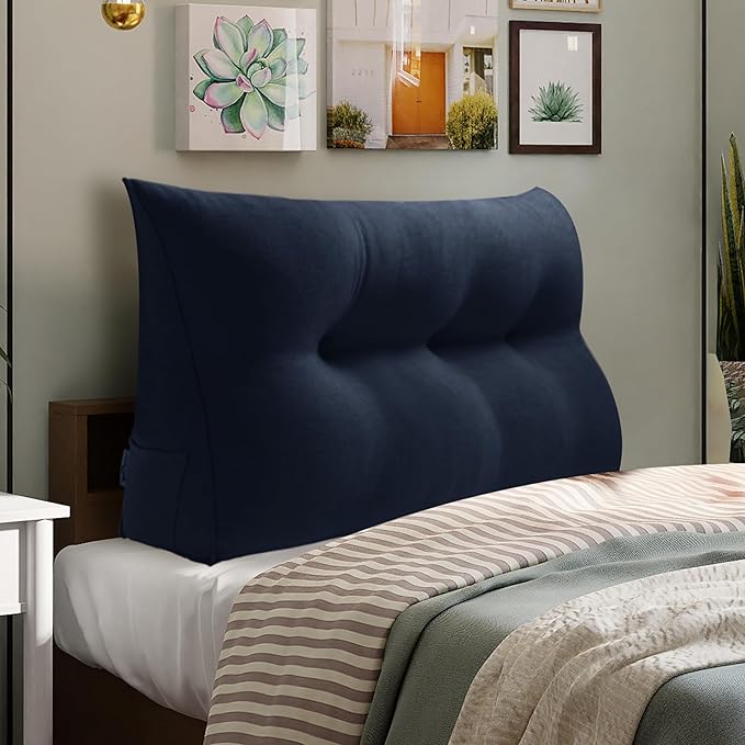WOWMAX 85% Linen 15% Cotton Blend Headboard Pillow – Twin Size Reading Wedge Backrest for Bed, Handmade Firm Support Bolster Cushion with Removable Cover, Premium Bed Rest Pillow, Blue