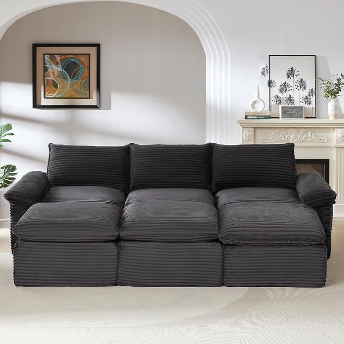 113.03" Sectional Couches for Living Room Modern Modular Sofa Couchs Upholstered Corduroy Boneless Couch Deep Seat Cloud Couch with Ottoman, No Assembly Required, Dark Gray