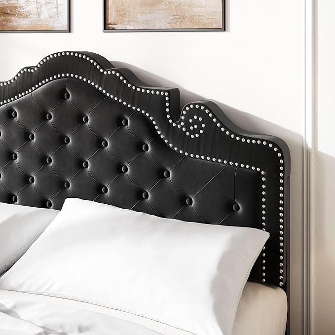 SHA CERLIN Queen Bed Frame with Adjustable Headboard/Velvet Upholstered/Diamond Button Tufted and Metal Studs/No Box Spring Needed/Wood Slat Support/Easy Assembly/Black