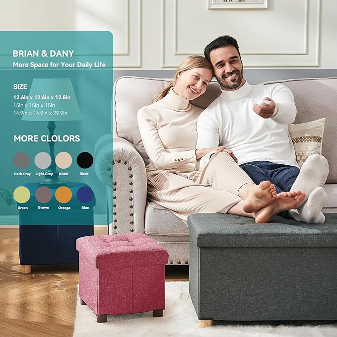 BRIAN & DANY Small Ottoman with Storage, Small Storage Ottoman, Folding Foot Stool with Wood Legs for Living Room and Bedroom Linen Rest Seat, 12.6"x12.6"x12.8" - Hot Pink