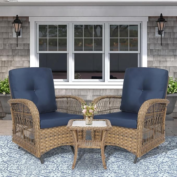 VIVIJASON 3-Piece Outdoor Patio Furniture Set, Outdoor Wicker Glider Rocking Chairs Rattan Conversation Bistro Sets w/ 2 Rattan Cushioned Chairs and Glass Top Side Table for Porch Backyard, Navy Blue