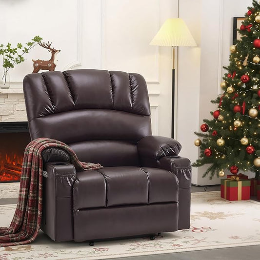 MCombo Oversized Power Lift Recliner Chair for Elderly, Lift Chair with Heat and Massage, Lift Recliner for Big and Tall, Cup Holders, USB &Type C Ports, Faux Leather R7092 (Dark Brown, Oversize)