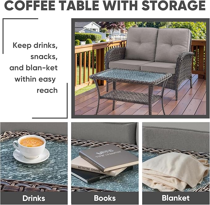 HUMMUH Outdoor Loveseat Sofa 2-Seat PE Wicker Outdoor Couch with Coffee Table,Deep Seat High Back Outdoor Patio Furniture for Patio,Garden,Porch,Deck(Grey)