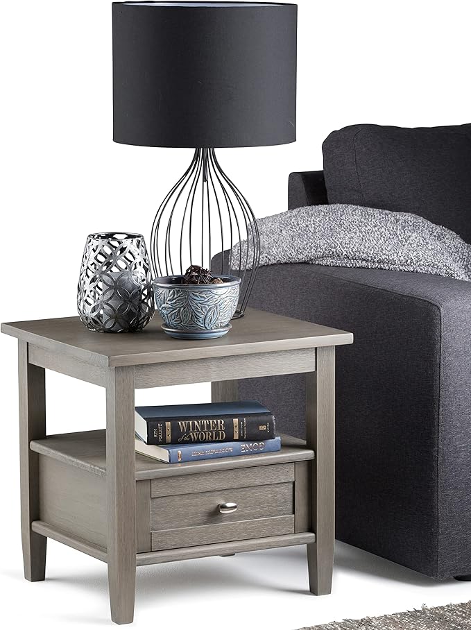 SIMPLIHOME Warm Shaker SOLID WOOD 20 inch Wide Rectangle Transitional End Side Table in Farmhouse Grey for the Living Room and Bedroom