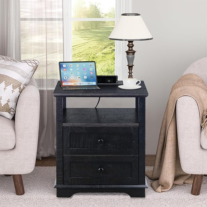 HIFYOBRO Large End Table Set of 2, 2 Drawers and Charging Station, Type-C & USB Port & Power outlets, Wooden End Table, Side Table with Storage for Living Room and Bedroom (Espresso)