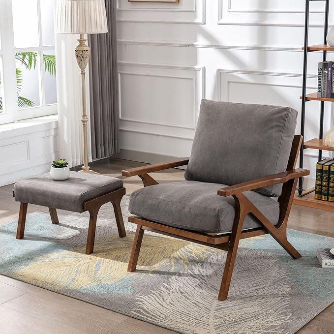 Wahson Set of 2 Mid Century Arm Chairs and Ottomans, Upholstered Accent Armchair with Wood Frame and Canvas Cushions, Leisure Slipper Chair for Living Room/Bedroom, Grey