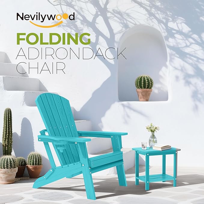 nevilywood Folding Adirondack Chair - Extended Ergonomic Backrest, Cup Holder - Easy Assembly - Durable HDPE Plastic, Weather Resistant & Maintenance-Free - Lawn, Patio, Deck Supports 380lbs Aruba