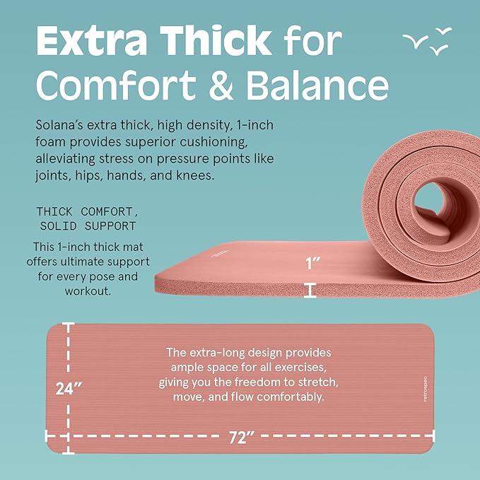 Retrospec Solana Yoga Mat 1" Thick With Nylon Strap For Men & Women - Non Slip Exercise Mat For Home Yoga, Pilates, Stretching, Floor & Fitness Workouts