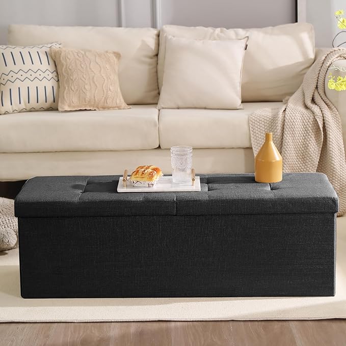 CUYOCA 45.3 Inches Storage Ottoman Bench Foldable Seat Footrest Shoe Bench End of Bed Storage with Flipping Lid, 166L Storage Space, Linen Fabric Black