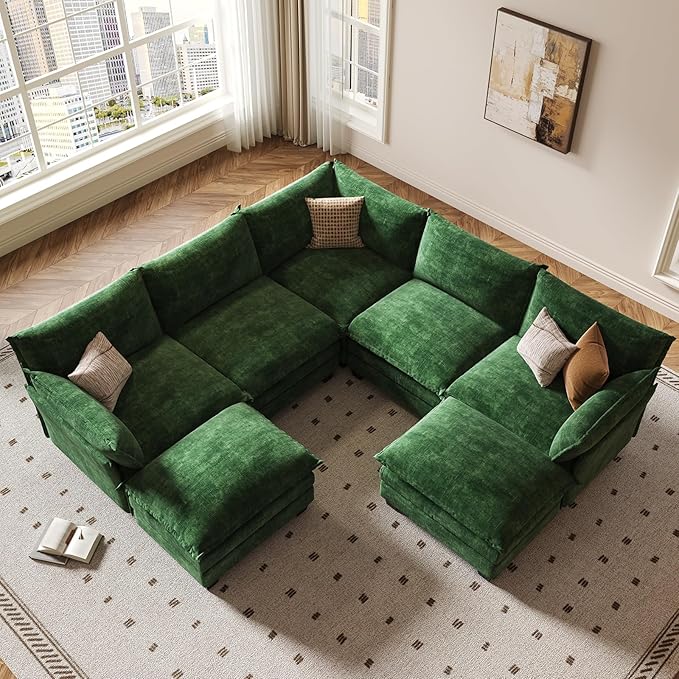 KKL 120" Modular Sectional Sofa, Large V Shape 7 Seater Convertible J/L/U-Shaped Modern Sectional Couch with Ottoman, Chenille Sectional Couches for Living Room, Apartment, Green