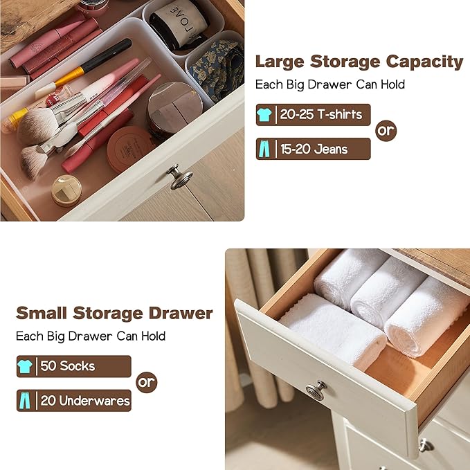 T4TREAM 6 Drawers Dresser Chests for Bedroom, 48" Tall Rustic Chset of Drawers, Wood Dressers Organizer for Bedroom, Living Room,Hallway, Antique White