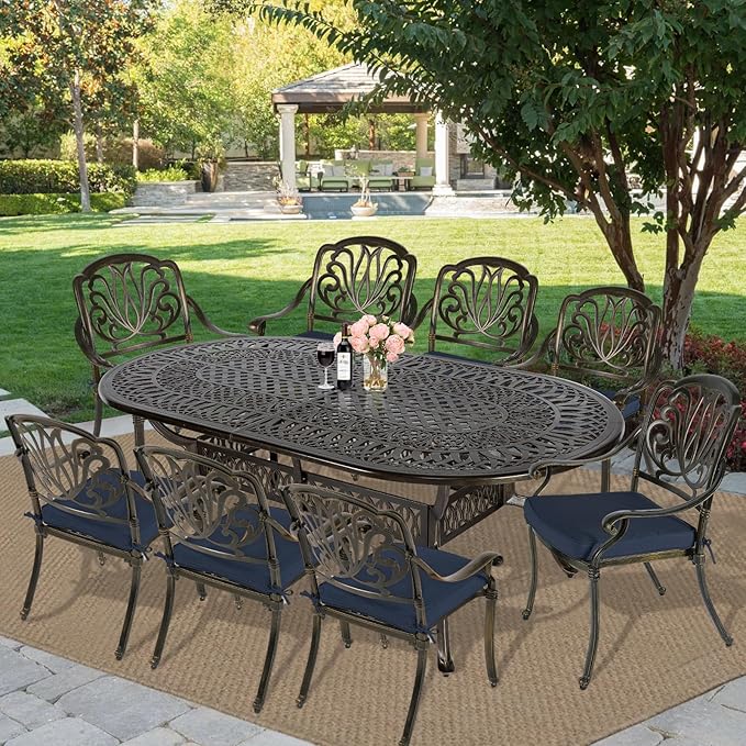 MEETWARM 9-Piece Outdoor Patio Dining Set, 8 Outdoor Dining Cushioned Chairs and 1 Oval Table with 2" Umbrella Hole, All Weather Cast Aluminum Patio Funiture Set for Backyard, Patio, Garden, Navy Blue