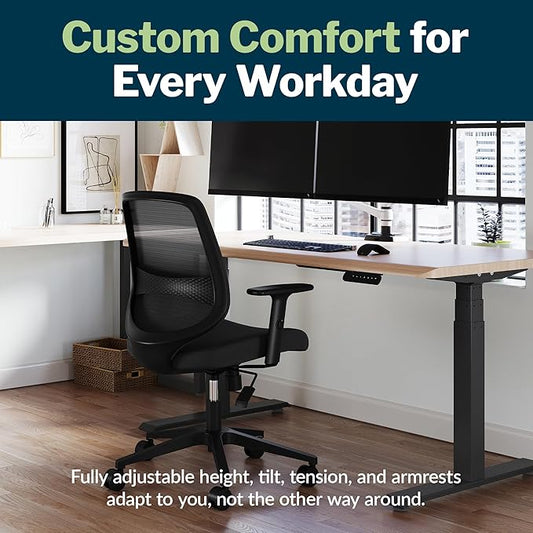 Vari Foundation Chair - Ergonomic Home Office Desk Chair + Adjustable Height, Tilt, and Armrests, Breathable Mesh, Lumbar Support - Swivel Rolling Task Chair for Office or Study (Black)