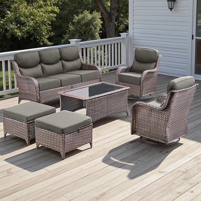 Rilyson Wicker Outdoor Patio Furniture Set - 6 Piece Patio Conversation Sets with Swivel Rocker Chairs, Ottomans, Sofa and Coffee Table, 6 inch Cushions, Deep Seating, for Porch Deck Brown/Grey