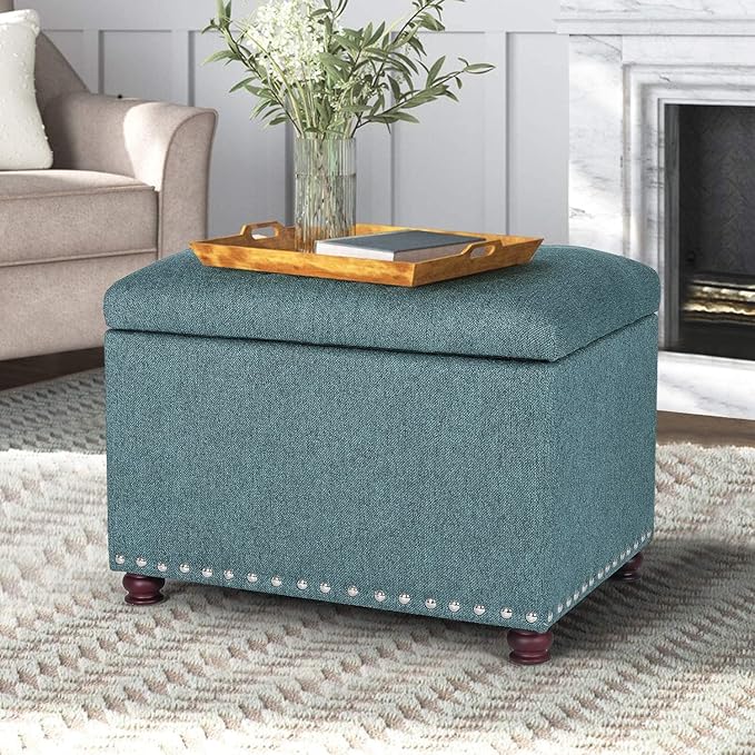 Joveco 24" Ottoman with Storage for Living Room Rectangular Fabric Tufted Bench Footrest Toy Chests for Bedroom (Cyan)