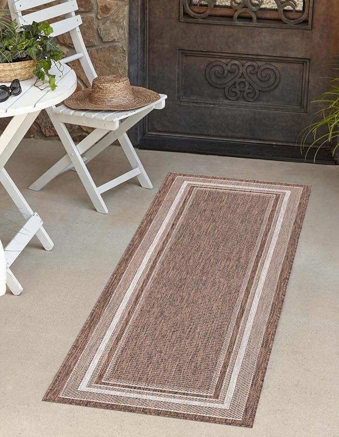 Unique Loom Outdoor Border Collection Area Rug - Soft Border (2' x 8' Runner, Brown/ Ivory)