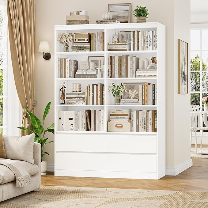 FINETONES 71" White Bookshelf with Drawers, 47.3" Double Wide Bookshelves and Bookcases with Storage, Tall Bookshelf Large Open Book Shelf Standing Book Case for Home Office, White