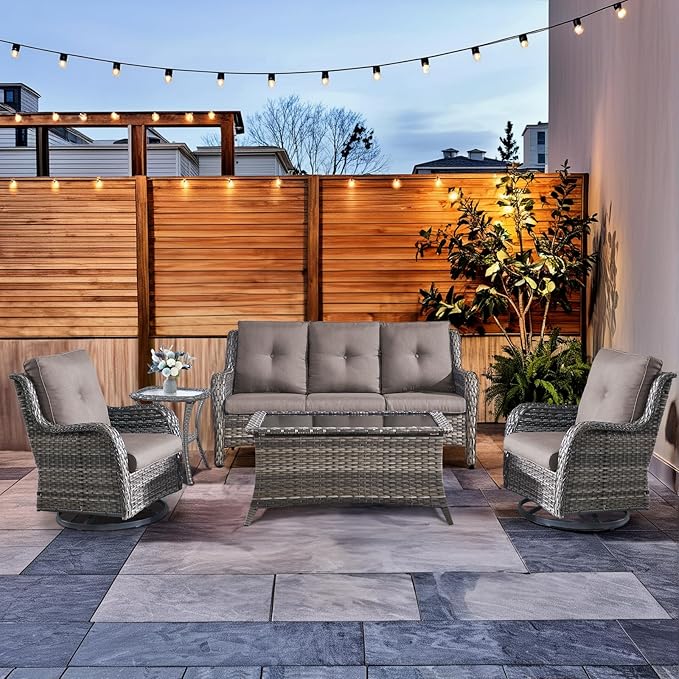HUMMUH Wicker Patio Furniture Set with Outdoor Swivel Rocker Patio Chairs,High Back Outdoor Couch and Table 5 Pieces Outdoor Furniture for Porch Garden Deck