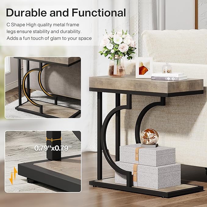 Tribesigns Narrow Side Table C Shaped End Table Modern Bedside Tables for Couch, Small Sofa Chairside Tables with Metal Frame for Living Room (1, Gray+Black)