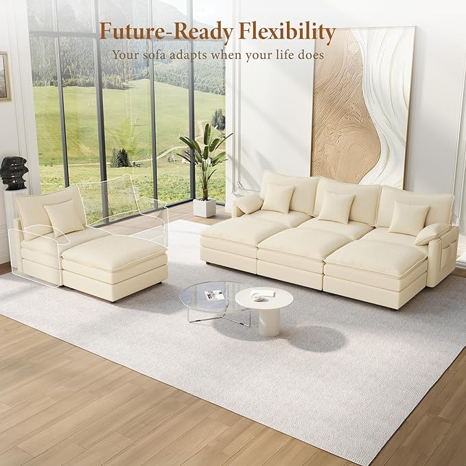Vesgantti 142" Oversized Sectional Sofa Bed, 8-Seater Modular Sleeper Cloud Couch with Movable Ottoman, Chenille Convertible Sofa Set Deep Seat Couches for Living Room, Bedroom and Apartment, Beige
