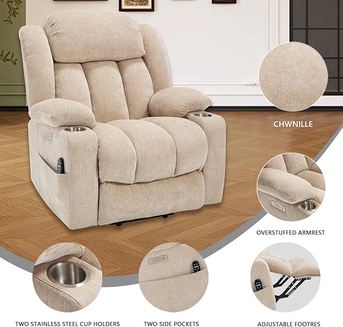 Power Lift Recliner Chair, 350lb Capacity with 8-Point Massage & Heating, USB/Type-C Ports & Cup Holders, Heavy Duty Chenille Recliner for Elderly, Beige