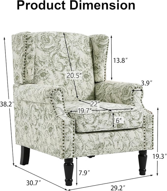 Pia Ricco High Back Floral Accent Chair - Retro Wingback Upholstered Armchair with Nailhead Trim, Solid Wood Legs, Fabric Living Room Bedroom Reading Chair (Plants Green)