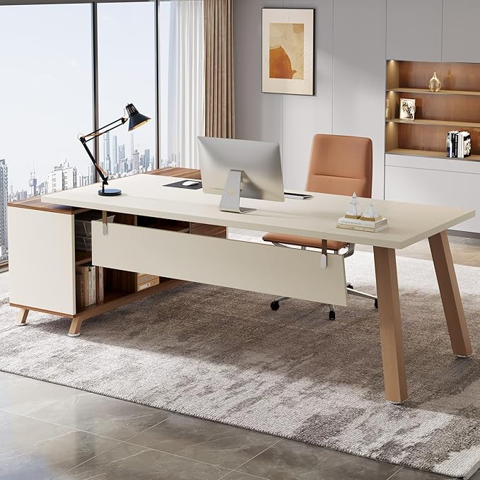 Tribesigns 78.7-Inch Executive Desk, L-Shaped Desk with 55-Inch Cabinet, Large Office Desk with Storage Shelves, Modern Computer Desk for Home Office, White & Walnut
