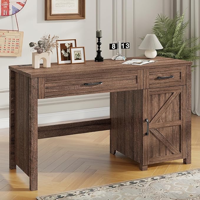Vabches Farmhouse 47" Executive Desk, Computer Desk with Drawers and Storage Cabinet, Workstation Computer Desk for Home Office, Study.(Red-Brown)