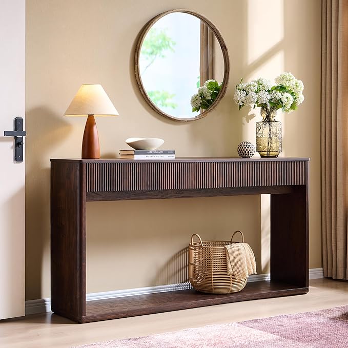 OKD 63" Fluted Console Table for Entryway, Modern Entryway Table with 2 Large Drawers, Long Sofa Table Behind Couch for Living Room, Hallway, Couch, Foyer,Dark Walnut