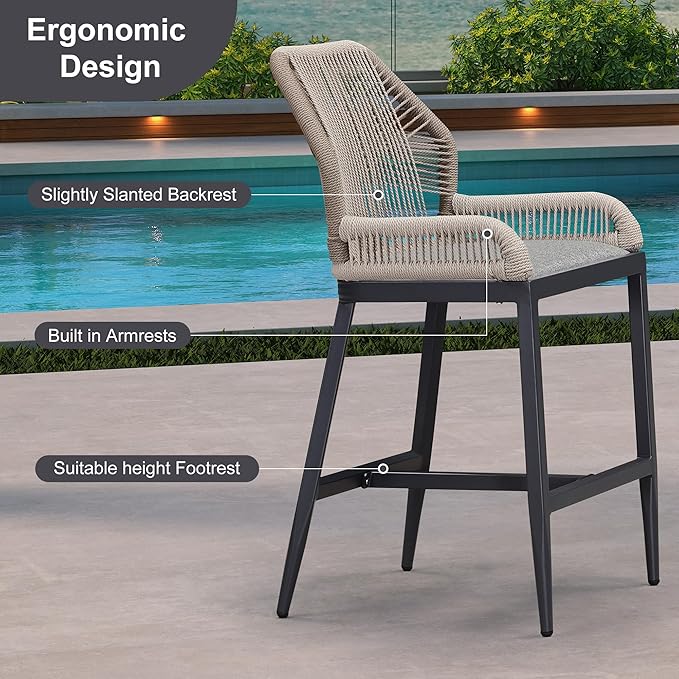 PURPLE LEAF 2 Pieces Counter Height Bar Stools Patio Boho Rattan Barstools Aluminum Woven Bar Chairs with Cushions for Outdoor Kitchen Island Garden