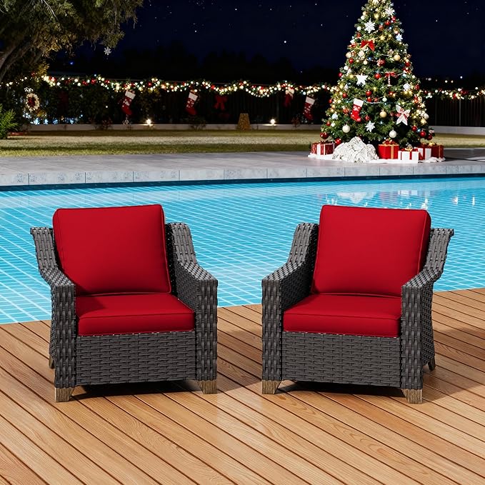 Patio 2 Pieces Wicker Chairs Set of 2,Outdoor PE Rattan Armchairs, Water-Resistant Cushions with Removable and Washable Covers, Porch, Balcony, Sunroom (Red)