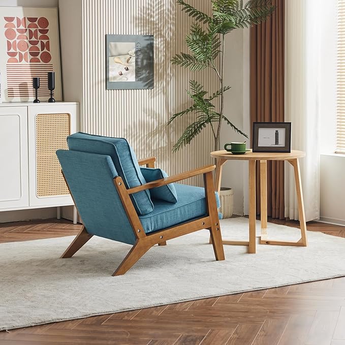 Karl home Accent Chair Wide Armrest Mid-Century Lounge Chair Linen Fabric Armchair with Lumbar Pillow & Solid Wood Frame for Living Room, Bedroom, Balcony, Cyan-Blue