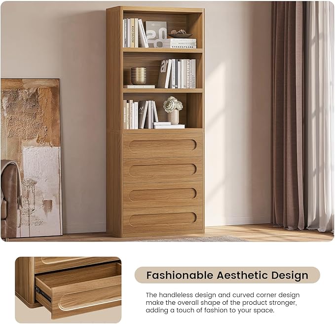 Bookcase with 4 Drawers, 72.1" Tall Bookshelf with 3 Storage Shelves, Large Bookshelves Cabinet for Living Room, Bedroom, Home Office (Oak Brown)