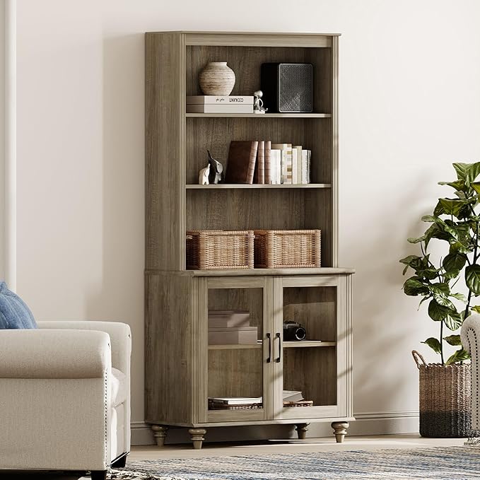 WAMPAT 5 Tier Farmhouse Bookshelf 72" Tall Bookcase with Glass Doors, Large Display Book Shelf with Adjustable Shelves and Storage Cabinet, Wood Bookshelves for Living Room & Study Room, Wash Grey