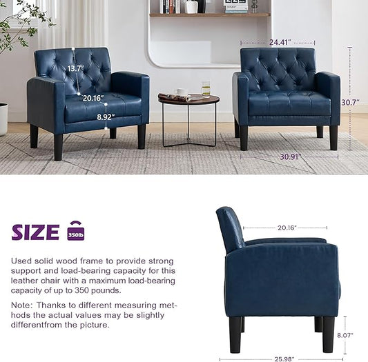 TYBOATLE Accent Chairs Set of 2 Comfy Living Room Chair Leather Tufted Mid Century Modern Accent Chair, Small Cozy Reading Arm Chair for Office, Bedroom (2, Blue)